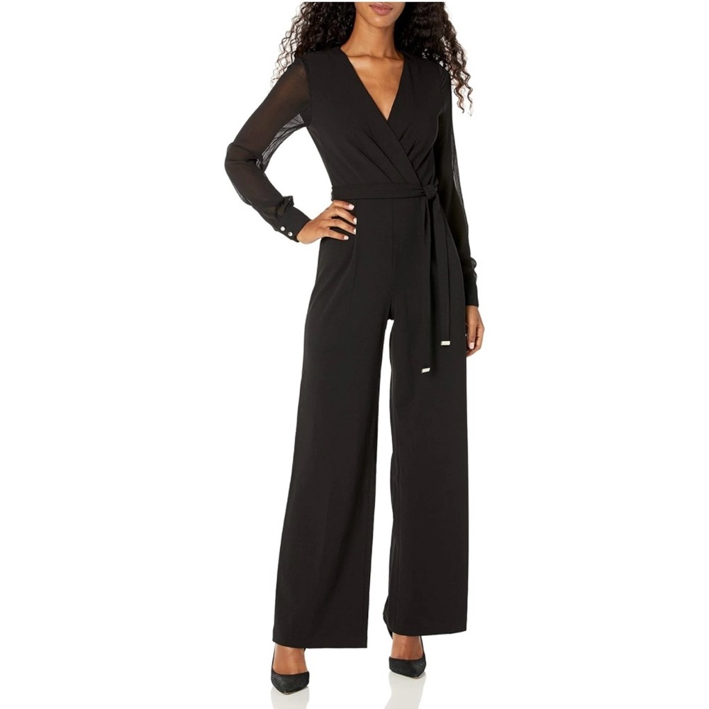 Tommy Hilfiger Black Jumpsuit Chiffon Sleeves Straight leg Belted Surplice Sz 8